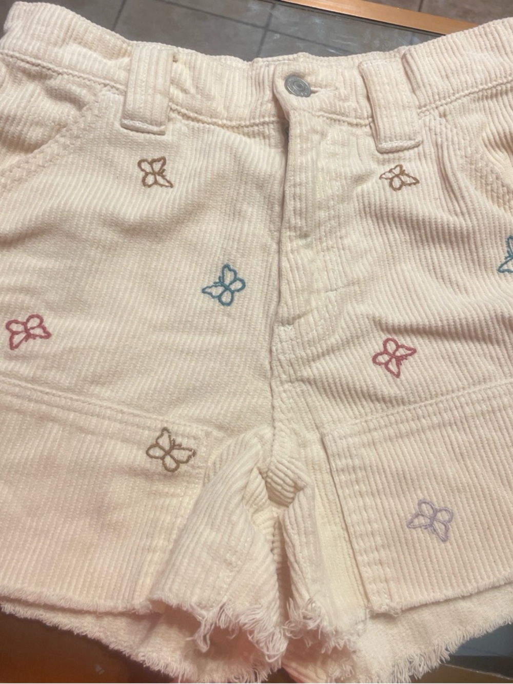 PacSun Cream Corduroy Shorts with Multicolor Butterfly Embroidery
